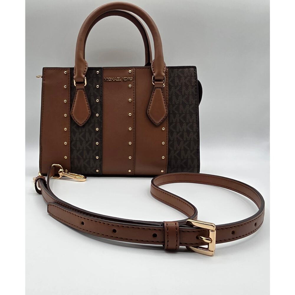 Michael Kors Mercer Small Satchel Brown MK Logo Leather Studded Crossbody Bag
